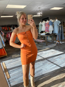 Zip Up Strapless Tube Dress - Orange