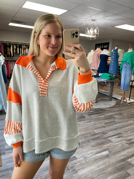 French Terry Collared Top - Grey/Orange