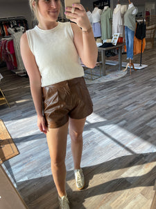 High Waisted Leather Shorts - Brown