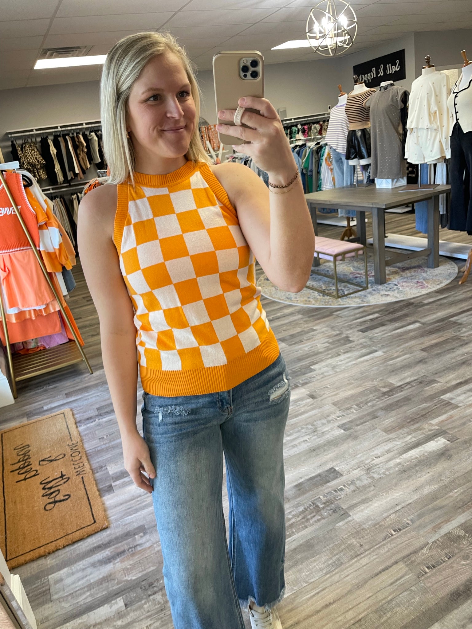 Checkerboard Halter Sweater Knit Top - Orange/White