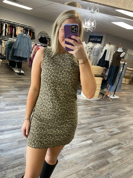 Leopard Boat Neck Mini Dress - Taupe/Brown