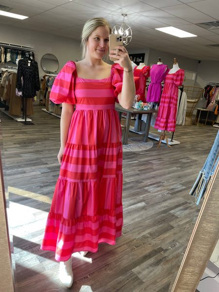 Striped Square Neck Maxi Dress - Red/Pink