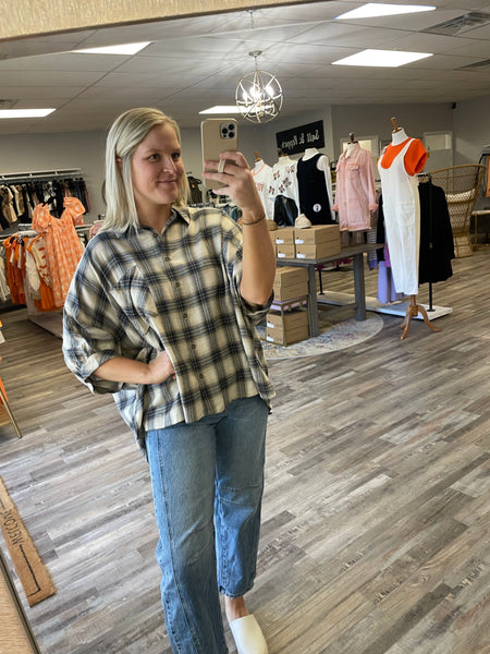 Oversized Plaid Button Down - Taupe