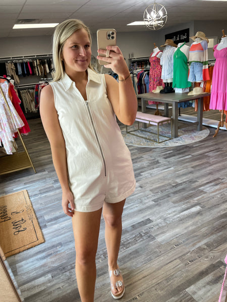 Sleeveless Zipper Denim Romper - Off White