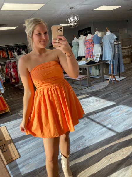 Strapless Pleated Dress - Orange