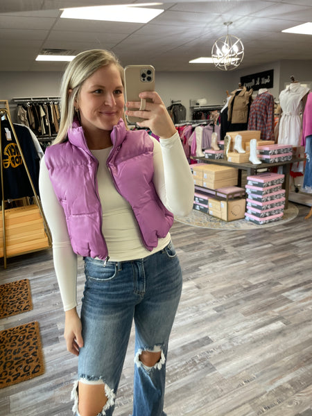 Leather Cropped Puffer Vest - Vintage Plum
