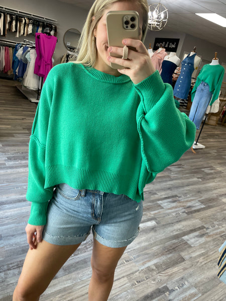 Round Neck Side Slit Sweater - Green