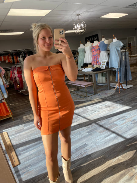 Zip Up Strapless Tube Dress - Orange