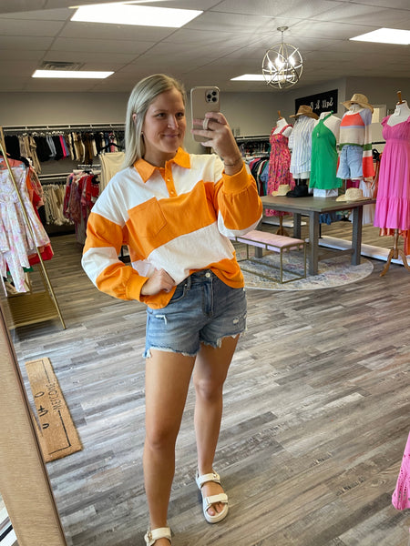 Striped Polo Style Long Sleeve - Orange/White