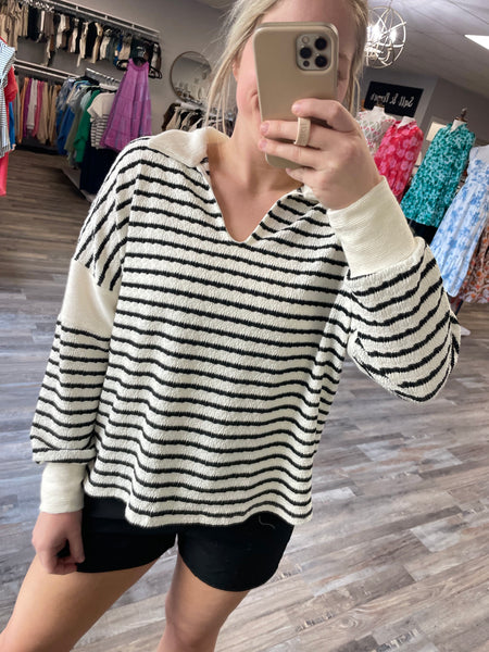 Striped Collared Pullover - Ivory/Black