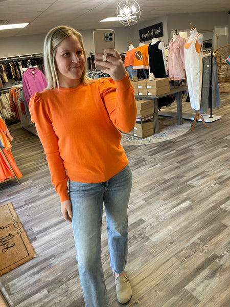 Puff Sleeve Crew Neck Sweater - Tangerine