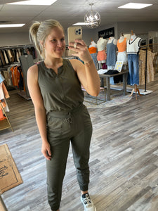 Half Zip Active Jumpsuit - Dark Olive