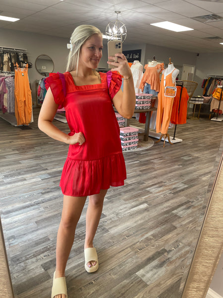 Multi Color Ruffle Sleeve Dress - Red