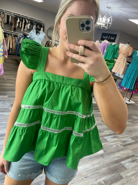 Square Neck Ruffle Sleeve Top - Kelly Green