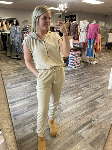 French Terry Hooded Jumpsuit - Taupe