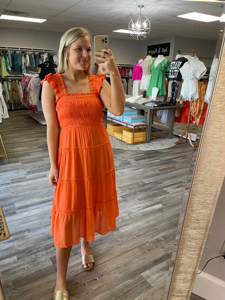 Ruffle Strap Tiered Midi Dress - Orange