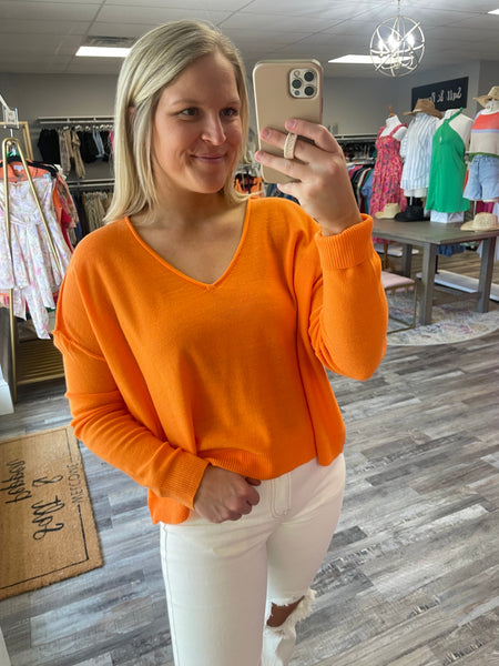 V-Neck Seam Detail Sweater - Tangerine