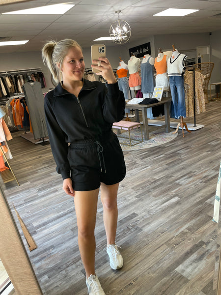 Half Zip Sweatshirt Romper - Black