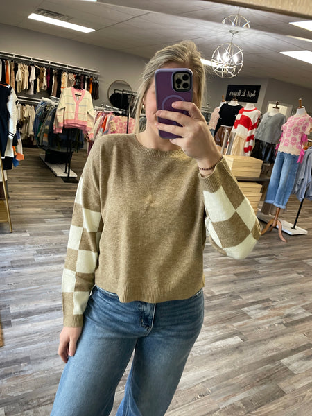 Checkered Sleeve Sweater - Taupe