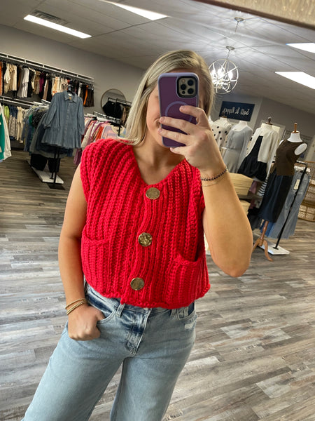 Button Knit Sweater Vest - Red