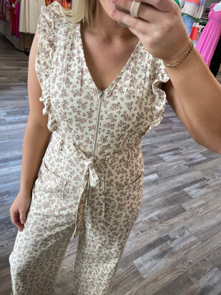 Floral Ruffle Jumpsuit - Cream/Pink