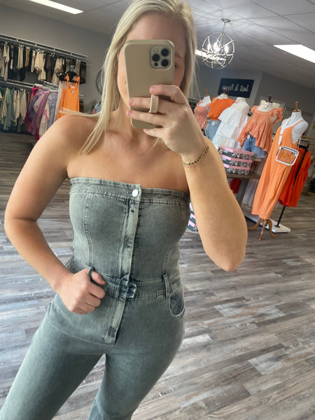 Denim Tube Flare Jumpsuit - Medium Wash