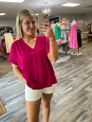 V-Neck Woven Top - Magenta