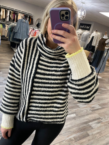 Mock Neck Striped Fuzzy Pullover - Black