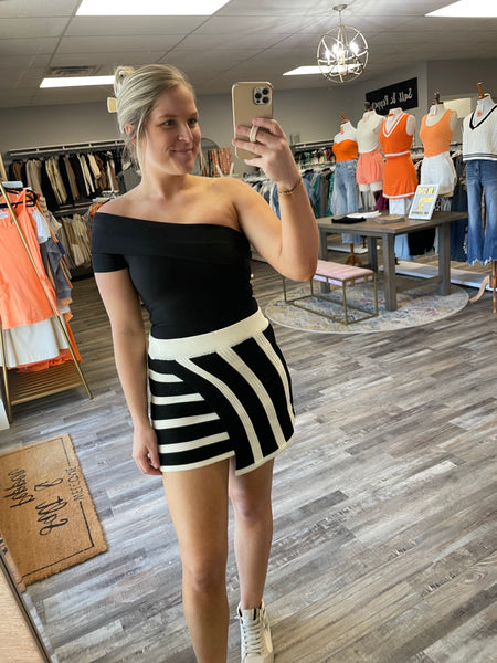 Striped Wrap Mini Skirt - Black/White