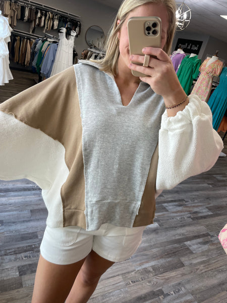 Oversized Contrast V-Neck Pullover - Grey/Taupe/White