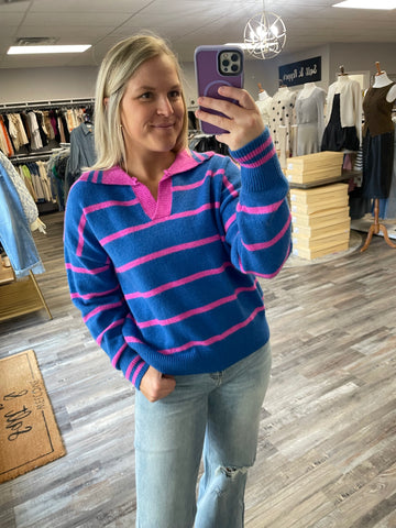 Striped Collared Sweater - Blue/Pink