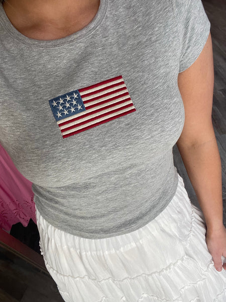 USA Flag Baby Tee - Heather Grey