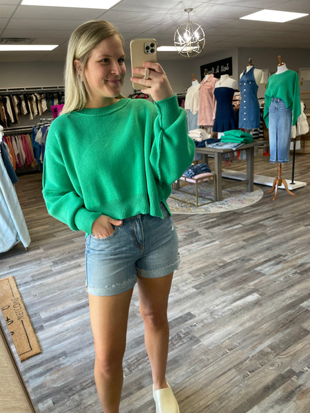 Round Neck Side Slit Sweater - Green