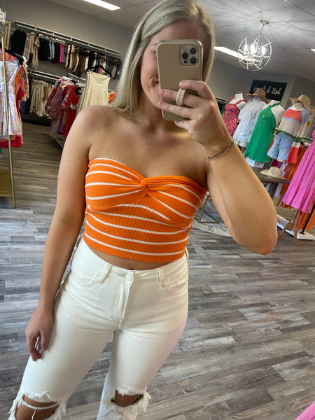 Rib Striped Twist Knot Bandeau Top - Orange/White