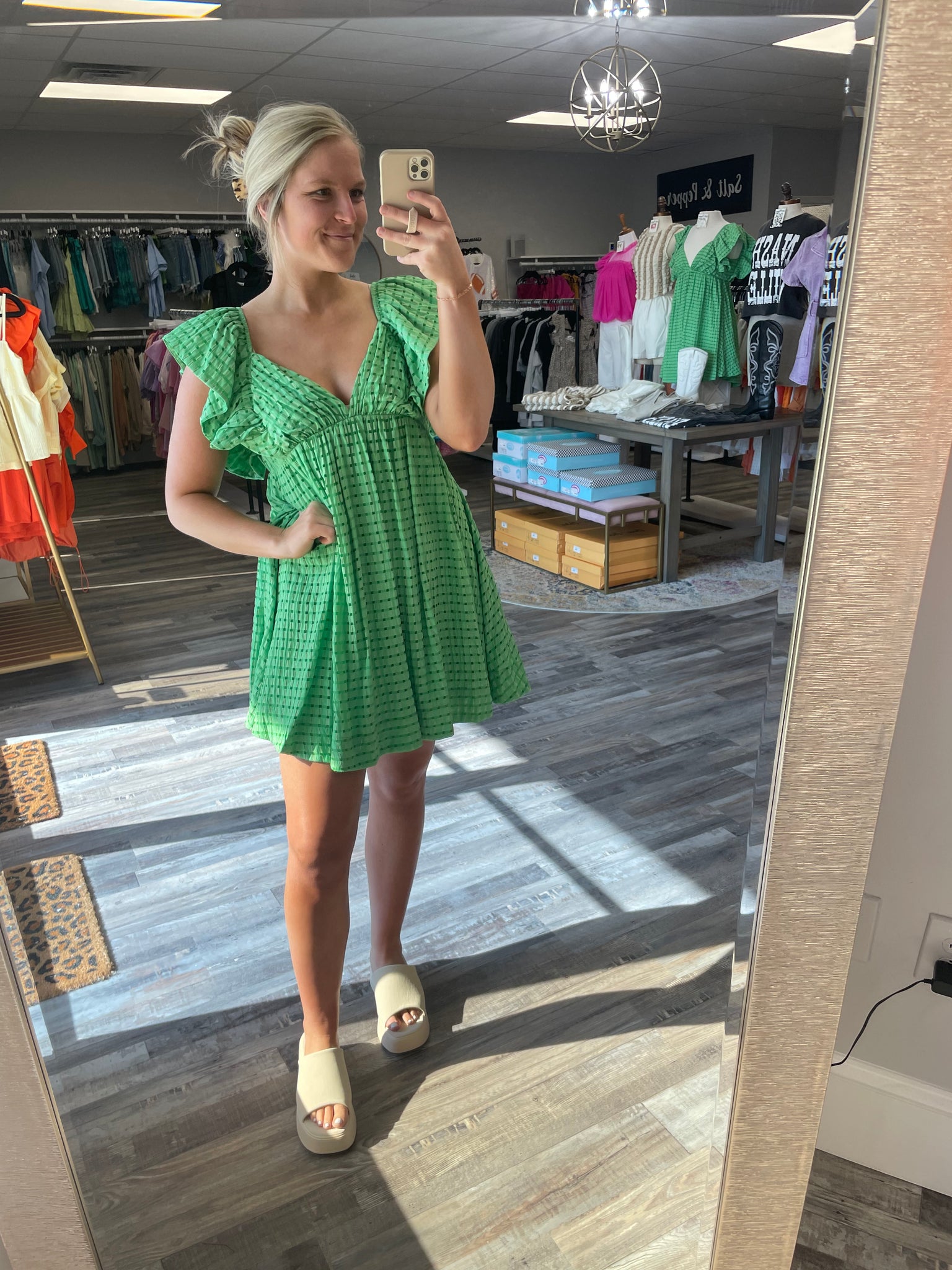 Gingham Ruffle Babydoll Dress - Green
