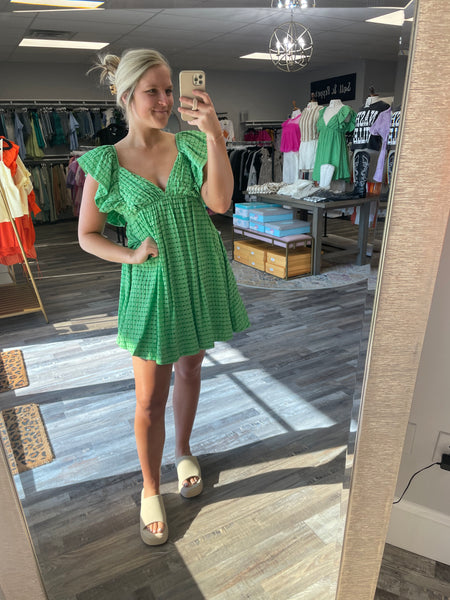 Gingham Ruffle Babydoll Dress - Green