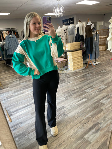 Asymmetrical Hem Contrast Pullover - Green/White