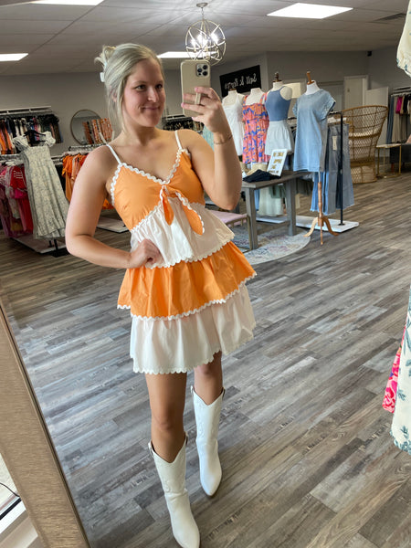 Contrast Tiered Dress - White/Orange