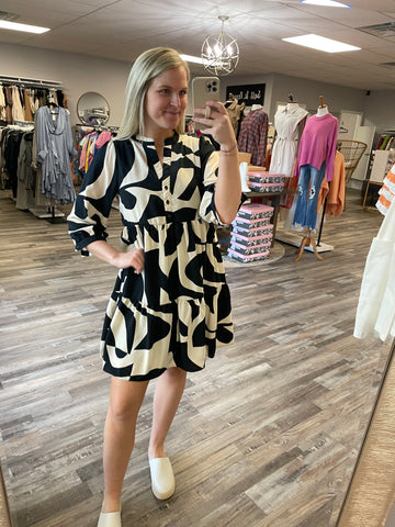 Abstract Print Tiered Dress - Black/Taupe
