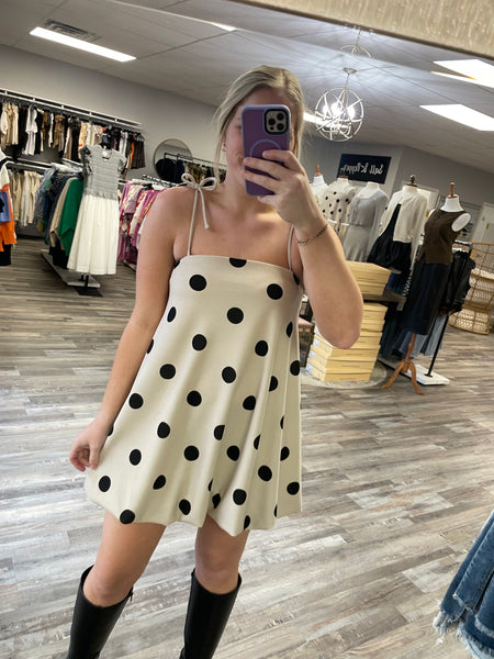 Polka Dot Bubble Hem Dress - Taupe/Black