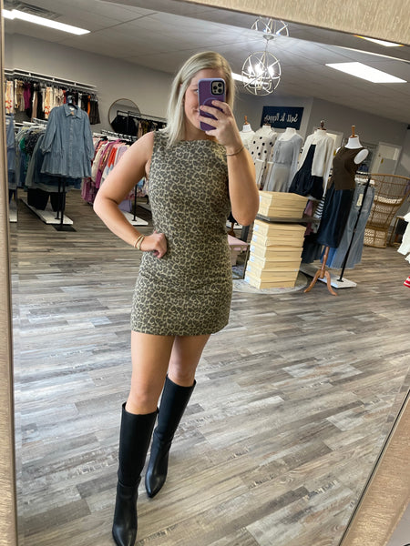 Leopard Boat Neck Mini Dress - Taupe/Brown