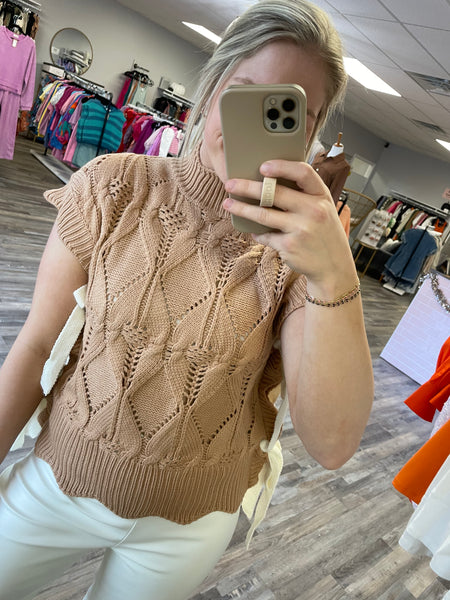 Cable Knit Tie Side Sweater Vest - Taupe