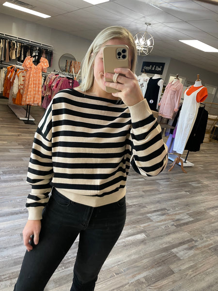 Boat Neck Striped Sweater - Beige/Black