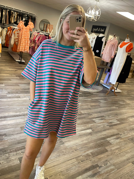 Striped Oversized Tee Dress - Pink/Green