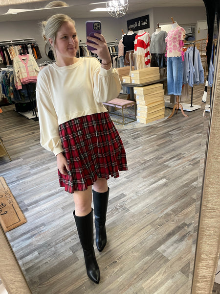 Twofer Sweatshirt & Plaid Skirt Dress - Ecru