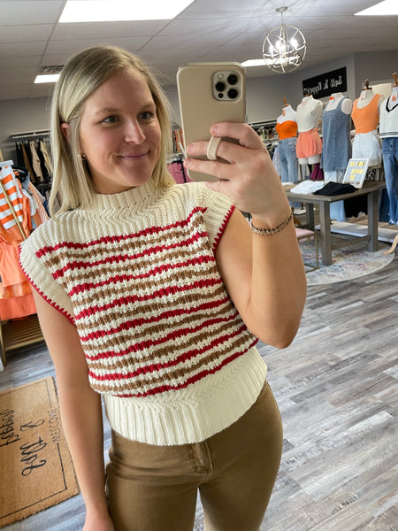 Striped Mock Neck Sweater Vest - Ivory/Red