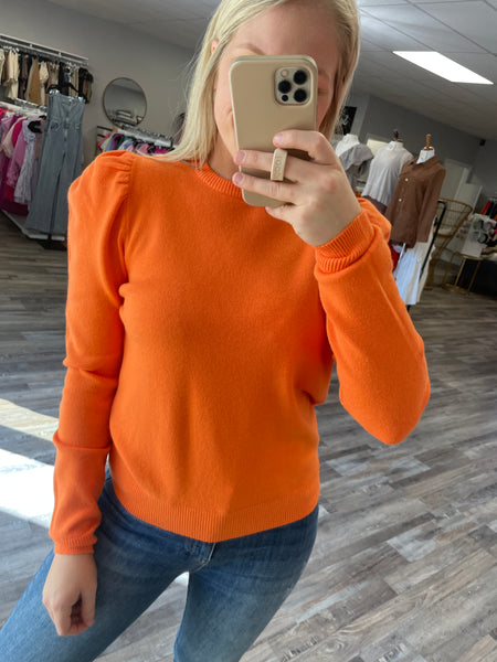 Puff Sleeve Crew Neck Sweater - Tangerine