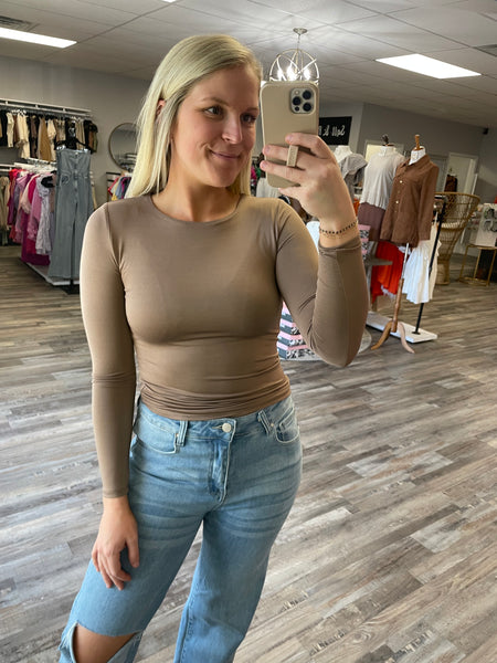 Round Neck Long Sleeve Top - Taupe