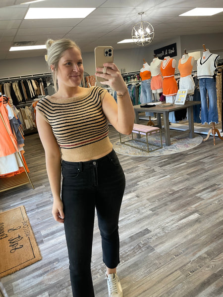 Cropped Striped Cap Sleeve Top - Tan/Black