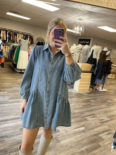 Long Sleeve Denim Dress - Medium Wash